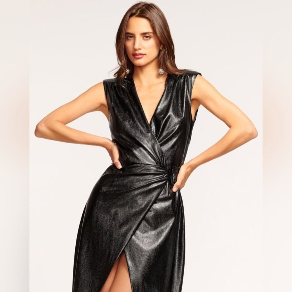 Ramy Brook Leah Black Faux Leather Wrap Midi Dress - Picture 2 of 9